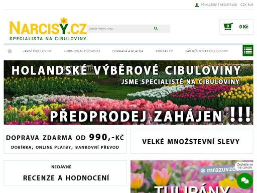 výběrové cibuloviny přímo z plantáží holandských farmářů nabízí za skvělé ceny narcisy.cz.  - cibulky, tulipány, narcisy, lilie, modřence, řebčíky, sněženky, bledule,krokusy, okrasné česneky, irisy, ladoňky, sasanky.