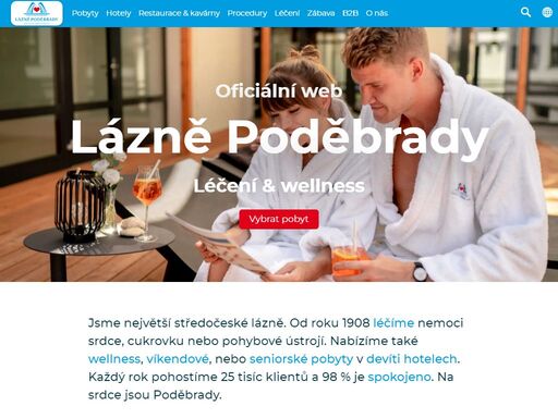 jsme největší středočeské lázně. od roku 1908 léčíme nemoci srdce, cukrovku nebo pohybové ústrojí. nabízíme také wellness, víkendové, nebo seniorské pobyty v devíti hotelech. každý rok pohostíme 25 tisíc klientů a 98 % je spokojeno. na srdce jsou poděbrady.