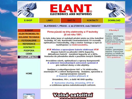 firma elant vznikla roku 1991. specializace je montáž, servis a prodej satelitních příjmačů dreambox. vu+, ipbox, 