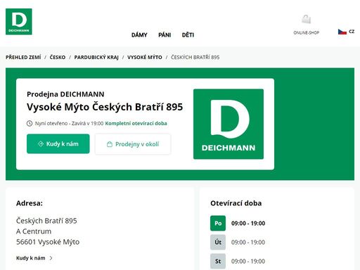 váš prodejnu deichmann českých bratří 895 ve vysoké mýto ? otevřít pracovní dobu a ? telefonní číslo ? zobrazit nyní.