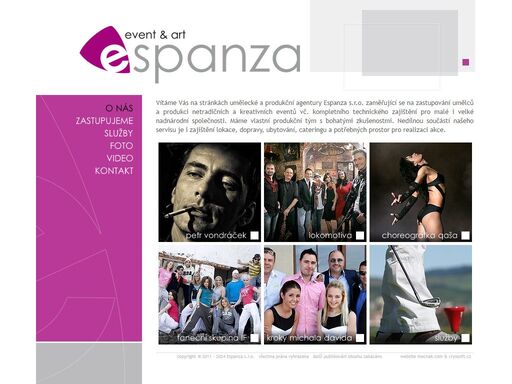 stránky umělecké a produkční agentury espanza s.r.o. zaměřující se na zastupování umělců a produkci netradičních a kreativních eventů.