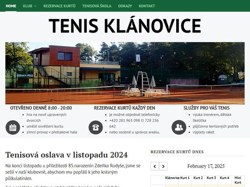 tenis klánovice, možnosti tenisu denně na nově upravených dvorcích s 
umělým osvětlením, 
zimní provoz v přetlakové hale.