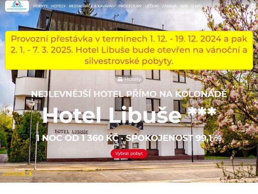 hotel libuše je příjemný lázeňský hotel ve středu města situovaný na okraji lázeňského parku. kousek to budete mít jak do města, lázeňského parku, tak na nádraží. z hotelu libuše se dochází na procedury do cca 30 m vzdáleného hotelu chariclea. 