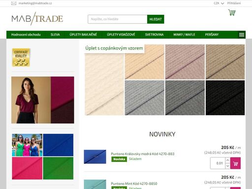 m.a.b. trade, s.r.o - velkoobchod s metrovým textilem. naším hlavním cílem je poskytnout svým zákazníkům kvalitní látky za velkoobchodní ceny. jsme přímým dovozcem  – od bavlněných úpletů, pletenin, přes fleecy a super-soft materiály, až po vysoce funkční, vrstvené materiály s membránou pro sport a volný čas. našimi…