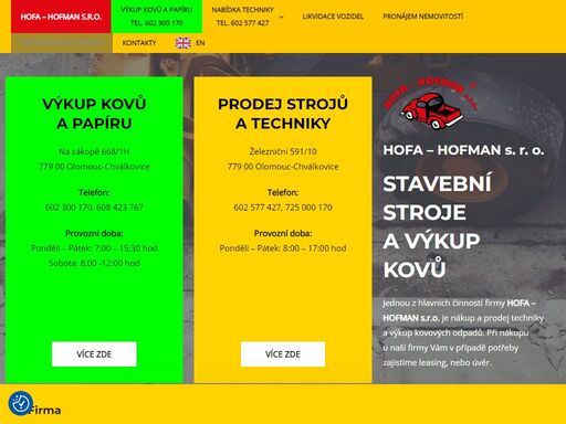 prodej nákladních aut, stavebních strojů a zemědělské techniky. výkup kovového odpadu, papíru a lepenky. zpětný odběr elektrospotřebičů.