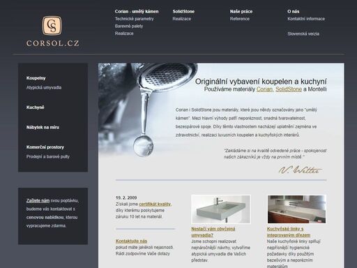 corsol: luxusní vybavení koupelen, kuchyní a nábytek z materiálů corian, solidstone a montelli. nabízíme prvotřídní kvalitu práce podpořenou šestiletými zkušenostmi.