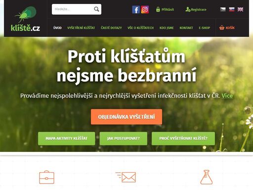 nejspolehlivější a nejrychlější vyšetření klíšťat v čr - informační portál klíšte.cz poskytuje aktuální informace o nemocech přenášených klíšťaty (borelióza, encefalitida, ehrlichióza a další) a o účinné prevenci napadení klíšťaty.
