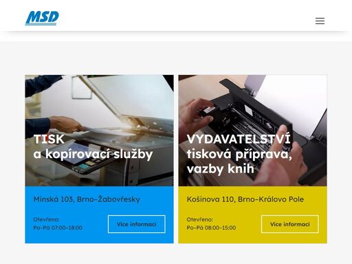 společnost msd nabízí komplexní kopírovací a tiskové služby, knižní výrobu, prodej a servis kancelářské techniky, prodej a renovaci spotřebního materiálu do tiskáren, kopírek a faxů. naše stabilní společnost působí na trhu již od roku 1991.