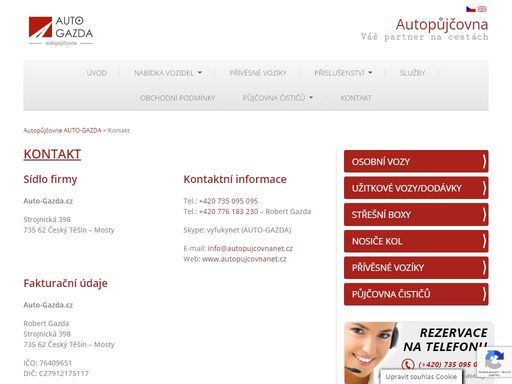 kontaktní údaje na autopůjčovnu auto gazda, autopůjčonu net. e-mail, telefon, web, adresa, ičo.