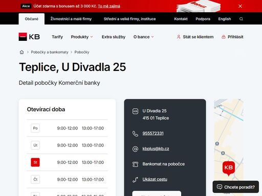 seznam a vyhledávání poboček a bankomatů komerční banky.