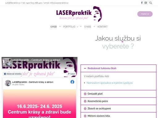 jakou službu si redukovat tukovou tkáň v našem portfoliu řeší: neinvazivní liposukce a injekční lypolýza omladit pleť v našem portfoliu řeší: obnovení vlastního kolagenu faceliftem žilky, pigmentace, akné a rejuvenace korekce vrásek botulotoxinem tekutý lifting výplňovým materiálem mezoterapie dermapenem mikro – jehličky a chem. peeling plazmaterapie – omlazení vlastní krevní plazmou lifting mezonitěmi – prime […]