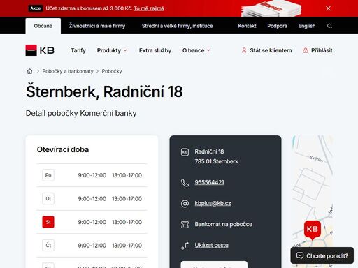 seznam a vyhledávání poboček a bankomatů komerční banky.