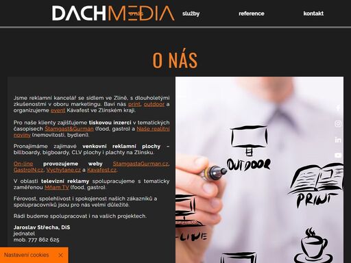 dachmedia - reklamní kancelář zlín. inzerce v tematických časopisech, zajímavé venkovní reklamní plochy (bigboardy a billboardy) v regionech zlín i zlínský kraj. vydáváme food a gastro časopis štamgast&gurmán. organizujeme event kávafest - den kávy zlín. když tv reklama z oblasti food a gastro, tak v televizi mňam tv. 