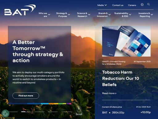 transforming tobacco,human rights,bat,sustainability,british american tobacco,global company,investors,reduced risk,tobacco,annual report,media,features,reporting,next generation products,news the home of bat, a leading multi-category consumer goods company that provides tobacco and nicotine products to millions of consumers around the world.