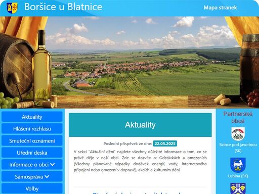 oficiální webové stránky obce boršice u blatnice, zlínský kraj, česká republika. v obci žije 826 obyvatel. vinařská obec boršice u blatnice leží v údolí boršického potoka, částečně na území chko bílé karpaty asi 16 km jihovýchodně od uherského hradiště. obcí prochází vinařská stezka strážnická. boršice jsou poprvé připomínány v roce 1283. jejich název souvisí s boršem z rýzmburka.
