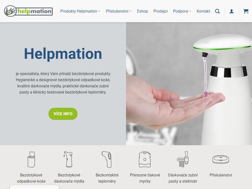 helpmation specialista na bezdotykové odpadkové koše, dávkovače mýdla, dávkovače zubní pasty, bezkontaktní teploměry a přenosné tlakové myčky.