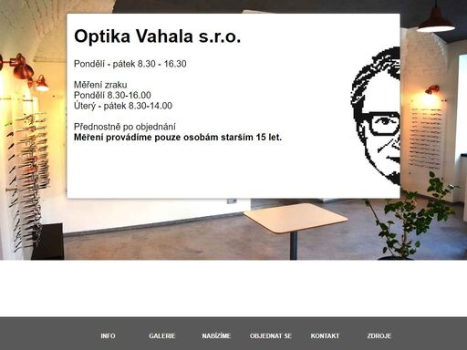 web optiky ve frenštátě p.r nabízející služby jako měření zraku, nabídky obruby a kontaktních čoček.