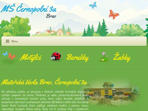 mš černopolní 3a disponuje třemi smíšenými třidami s celodenním provozem. škola má velkou zatravněnou zahradu s množstvím herních prvků. pestrou a kvalitní stravu zajišťuje vlastní školní kuchyně.