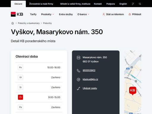 seznam a vyhledávání poboček a bankomatů komerční banky.
