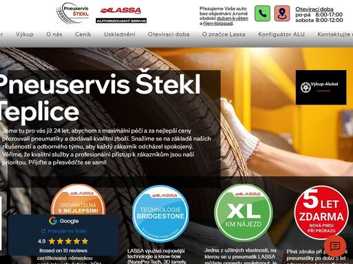 navštivte náš pneuservis štekl teplice, s více než 20letou tradicí .nabízíme rychlé a cenově dostupné služby na profesionální úrovni. jsme prémiovým prodejcem značky lassa a nabízíme široký výběr nových i použitých pneumatik, alu disků a ocelových disků. budeme se těšit na vaší návštěvu.