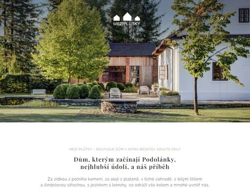 mezi plůtky, apartmány, penzion, boutique dům, design, venkovský dům, zahrada, bazén, přírodní jezírko, ubytování, beskydy, čeladná           boutique dům - adults only. stylový venkovský dům v horském údolí podolánky - čeladná - beskydy. jedinečné ubytování - 4 pokoje, velkorysý interiér, zahrada, koupací přírodní jezírko.