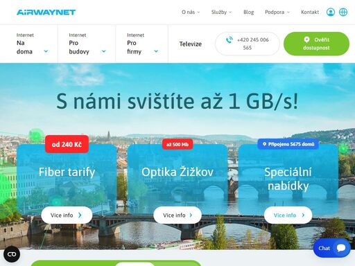 poskytujeme rychlé připojení k internetu přes technologie wifi, dsl a fiber. v současné době pokrýváme 97,2% prahy a okolí.