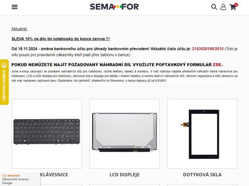 prodej náhradních dílů pro notebooky, tablety, telefony - displeje, klávesnice, panty, ventilátory, konektory, kabely