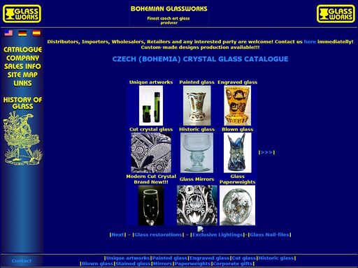 homepage of the bohemian glassworks company. producer of fine-art bohemian crystal glass, swarovski crystal nail files engraved glass, mirrors, stained glass, historic glass, cut and painted glass, corporate gifts, paperweights, atypical chandelliers and glass restorations