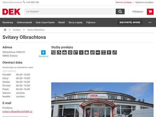 stavebniny dek svitavy olbrachtova. přijeďte si vybrat, co potřebujete pro svou stavbu nebo rekonstrukci. služby a otevírací doba na prodejně svitavy olbrachtova.