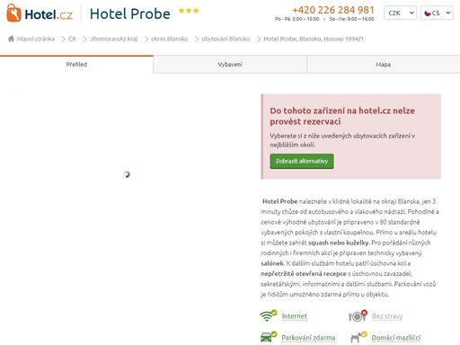 tříhvězdičkový hotel probe se nachází na okraji jihomoravského města blanska, v oblasti moravského krasu. hotel poskytuje pohodlné ubytování jednotlivým turistům i rodinám s dětmi, vlastní restauraci i sportovní bar.