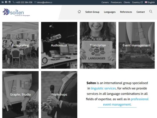 the solten group specialises in linguistic services (interpreting, translation, subtitling, multilingual voice-over, etc.) as well as in professional event management. the agency has more than 1,000 international clients from all business sectors.