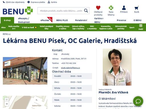 ?bezbariérová lékárna v galerii písek, vedle hlavního tahu praha – č. budějovice, pár minut chůze z centra. u lékárny je možnost bezplatného parkování.?