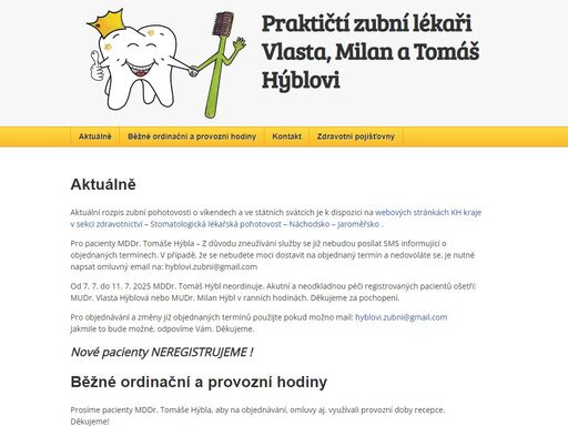 prezentace praktických zubních lékařů mudr. vlasty hýblové, mudr. milana hýbla a mddr. tomáše hýbla se základními informacemi.