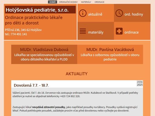 holýšovská pediatrie,, s.r.o.; mudr. vladislava dubová, holýšov, příčná 236, ordinace praktického lékaře pro děti a dorost, ordinační hodiny, dětský lékař.