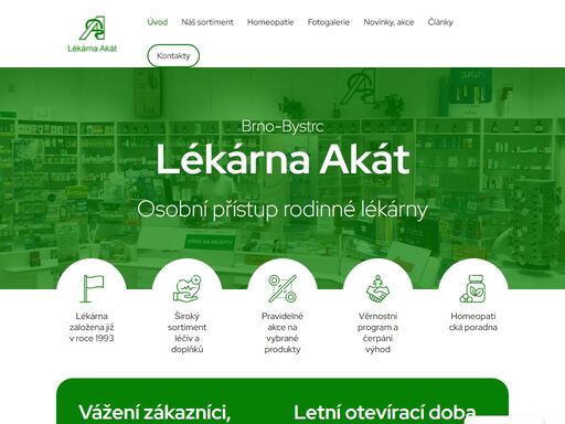 lékárna akát byla založena v roce 1993. od té doby poskytujeme zákazníkům maximální možnou péči. nabízíme pestrý sortiment zboží pro zákazníky všech věkových skupin.