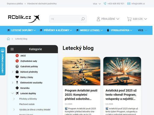e-shop se širokou nabídkou leteckých doplňků, dárků pro piloty, ale také vykrajovátek, modelů letadel a dřevěných výrobků.