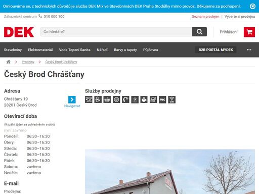stavebniny dek český brod chrášťany. přijeďte si vybrat, co potřebujete pro svou stavbu nebo rekonstrukci. služby a otevírací doba na prodejně český brod chrášťany.