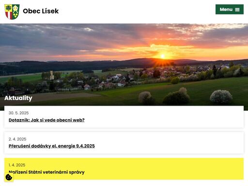 vítejte na stránkách obce lísek, pod kterou spadají vesnice lísek, vojtěchov a osada lísek, leží 9 km severozápadně od bystřice nad pernštejnem v nadmořské výšce asi 650m. vesnice lísek se vine podél silnice v délce 1km a má kolem 120 obytných domů.