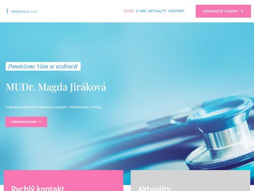 rychlý kontakt mudr. magda jirákováe-mail: ordinace@mudrjirakova.czadresa: pražská 325, mnichovice 323 642 052 aktuality dovolená 21.7. – 1. 8. 202521.7. – 25.7. – zastup mudr. nina trojánková28.7. – 1.8. – zastup mudr. iva koudelková více náš tým lekářka – mudr. magda jiráková lékařka – mudr. jana rajtorovázdravotní sestra – andrea pokorná