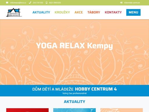 dům dětí a mládeže praha 4 – hobby centrum 4 je příspěvková organizace, která nabízí široký výběr činností a možností aktivního trávení volného času pod vedením profesionálních lektorů. sport, technika, umění, tanec, hudba, výuka jazyků, keramika, výtvarný ateliér a nahrávací studio v centru volného času pro děti, mládež i dospělé.
zájmové kroužky, tábory, poznávací zájezdy, výlety, aktivity, soutěže, kurzy, akce, přednášky a školení.
zajišťujeme provoz sportovních zařízení a relaxačního areálu vltavanů 229, lezeckých stěn, učeben a pracovních dílen projektu polytechnická hnízda, pc učebny s možností pronájmu, turistické ubytovny skupin, fitness centra a 4 center předškolních dětí s denním režimem.
studijní středisko virtuální univerzity 3. věku a regionální zastoupení projektu mezinárodní cena vévody z edinburghu (dofe). zřizovatelem je hlavní město praha.