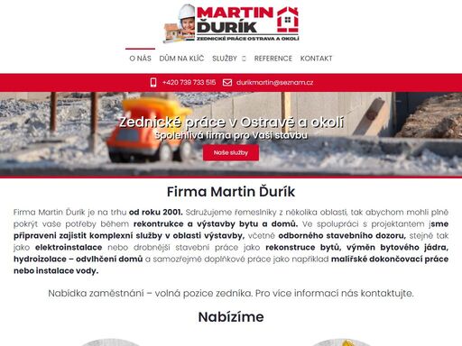 firma martas stav je na trhu od roku 2001. sdružujeme řemeslníky z několika oblastí, tak abychom mohli plně pokrýt vaše potřeby během rekontrukce a výstavby bytu a domů. ve spolupráci s projektantem jsme připraveni zajistit komplexní služby v oblasti výstavby, včetně odborného stavebního dozoru, stejně tak jako elektroinstalace nebo drobnější stavební práce jako rekonstruce bytů, výměn bytového jádra, hydroizolace - odvlhčení domů a samozřejmě doplňkové práce jako například malířské dokončovací práce nebo instalace vody.