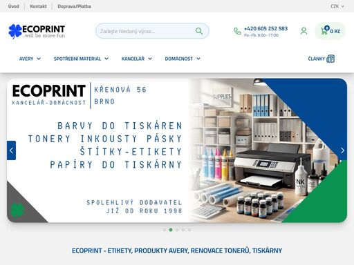 specializujeme se na renovace tonerů a inkoustových kazet, v naší nabídce však najdete také originální, případně kompatibilní tonery a náplně do tiskáren. specializujeme se na etikety a štítky do tiskáren. česká distribuce produkty německého výrobce avery zweckform.