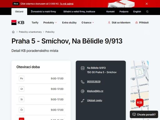 seznam a vyhledávání poboček a bankomatů komerční banky.