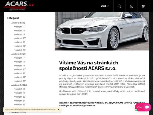 vítáme vás na stránkách společnosti acars s.r.o.. naše společnost, založená v roce 2007 se zabývá prodejem alu kol, převážně značek forzza wheels, haxer wheels, gmp italy a alurims.
dodáváme také zátěžová kola na obytné vozy a dodávky, dále umíme nabídnout i kola v kategorii off-road.