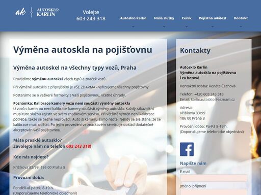 výměnu autoskla na pojišťovnu i za hotové vám zajistí autosklo karlín, praha 8. v případě prasklého autoskla jednoduše zavolejte na 603 243 318 a o vše se postaráme. auto ráno přivezete a odpoledne si vyzvednete s opraveným autosklem. vůz můžeme také vyzvednout u vás. 