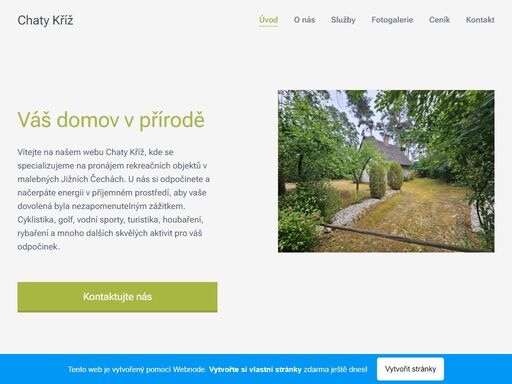 vítejte na našem webu chaty kříž, kde se specializujeme na pronájem rekreačních objektů v malebných jižních čechách. u nás si odpočinete a načerpáte energii v příjemném prostředí, aby vaše dovolená byla nezapomenutelným zážitkem. cyklistika, golf, vodní sporty, turistika, houbaření a mnoho dalších skvělých aktivit pro váš odpočinek.