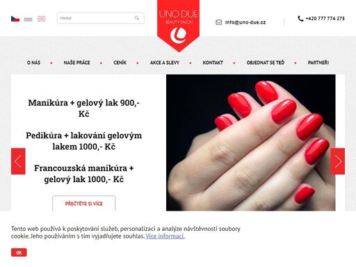 dámské a pánské kadeřnictví. modeláž nehtů, mokrá manikúra, pedikúra, brazilská depilace. prodlužování řas a úprava obočí. masáže a kosmetika v salonu uno due. kadeřnictví, salon krásy, depilace, gelové nehty