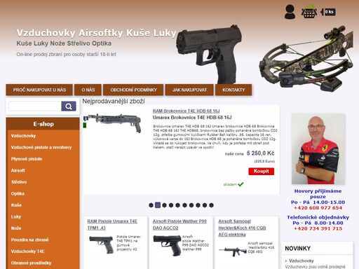 prodáváme vzduchovky, vzduchové pistole, revolvery, kuše, luky, diabolo, airsoftové zbraně, nože, optiky, pouzdra na zbraně, co2 plyny, náboje.