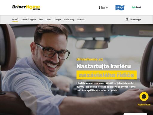 driverhome.cz - taxi a food flotila v čr, působíme v brně, praze, ostravě i v dalších městech... začni s námi vydělávat i ty přes aplikace bolt, uber, liftago nebo bolt food, foodora, wolt! pomůžeme ti s registrací, pronajmeme ti auto a ty jen jezdíš! napiš nám a začni vydělávat, kdykoli se to tobě hodí!