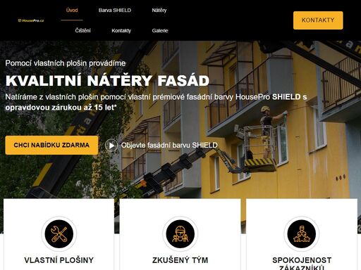 natíráme z vlastních plošin pomocí vlastní prémiové fasádní barvy housepro shield s opravdovou zárukou až 15 let*